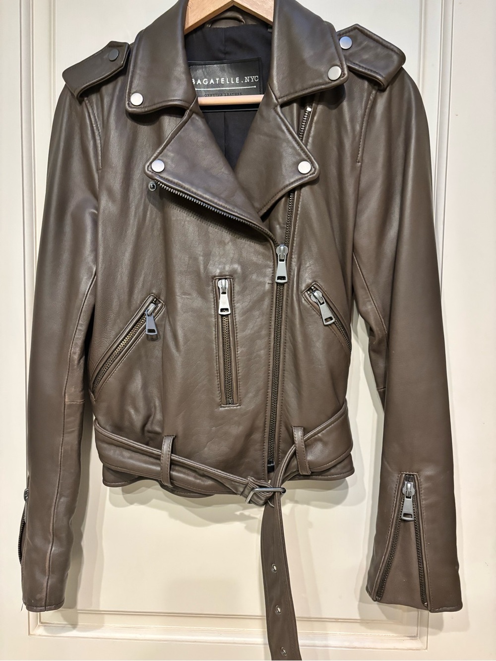 bagatelle Chocolate Brown Leather Moto Jacket with Belt